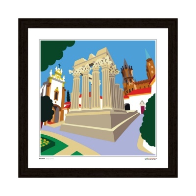 Ilustração colorida de monumento com colunas clássicas e edifícios históricos ao fundo, emoldurada