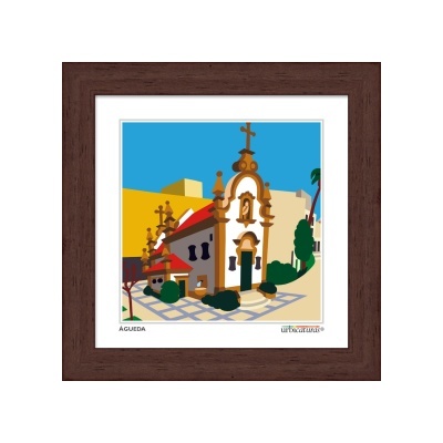 Quadro ilustrado de edifício histórico colorido com moldura castanha