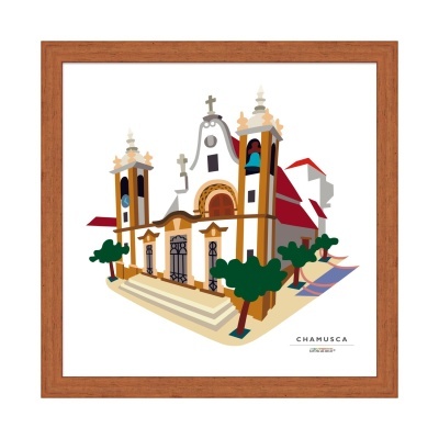 Ilustração de igreja com duas torres e árvores emoldurada