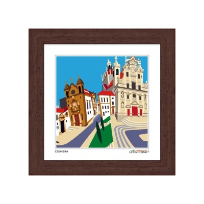 Quadro ilustrativo de edifícios históricos em Coimbra com moldura castanha