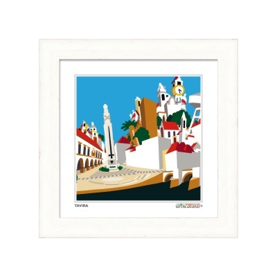 Gráfico colorido da cidade de Tavira numa moldura branca