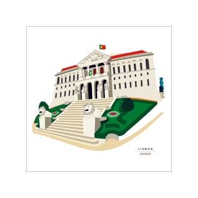 Ilustração de edifício com escadaria e bandeira de Portugal em Lisboa