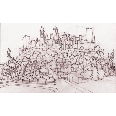 Desenho a lápis de paisagem urbana medieval com castelo e árvores