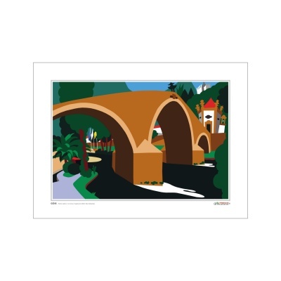 Ilustração de ponte arqueada castanha sobre rio com vegetação e edifícios ao fundo