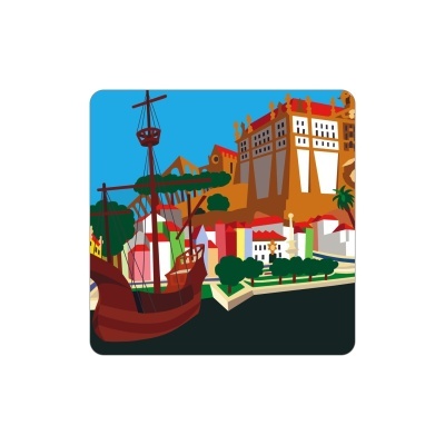 Ilustração de barco antigo, árvores, edifícios coloridos e castelo