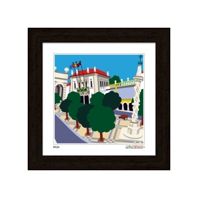 Quadro decorativo de praça em Beja com árvores, edifícios e coluna, moldura escura