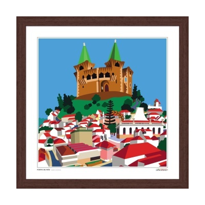 Ilustração de cidade com castelo de torres verdes e edifícios vermelhos e brancos emoldurada