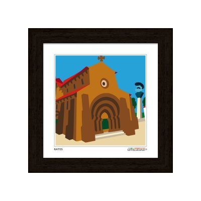 Imagem digital emoldurada de uma igreja castanha com arco e cruz no topo
