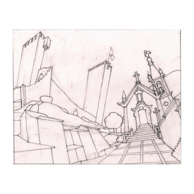 Desenho a lápis em preto e branco de uma igreja com escadas e muros altos