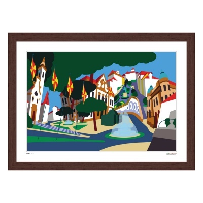 Gravura artística colorida de uma cena urbana com casas, árvores e bandeiras dentro de moldura castanha.