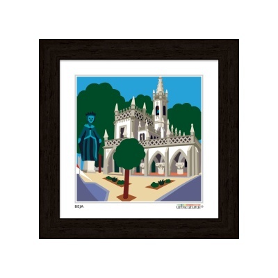 Ilustração digital de monumento gótico com estátua e árvores em quadro com moldura preta.