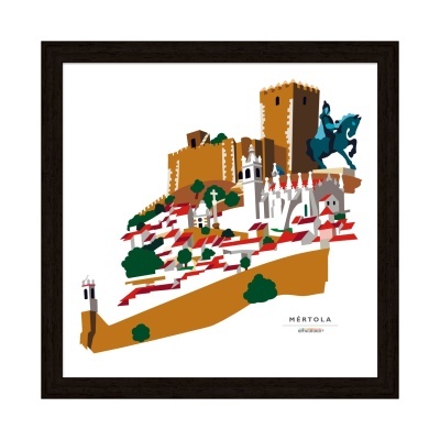 Desenho estilizado de Mértola com castelo e cavaleiro emoldurado
