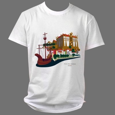Camiseta branca com estampa de barco e edifício histórico com texto Vila do Conde Portugal