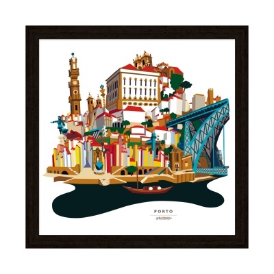 Ilustração colorida da cidade do Porto em quadro com moldura preta