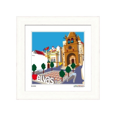 Imagem ilustrativa da praça em Elvas com igreja, árvores e texto 'elvas' em letras brancas