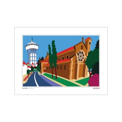 Ilustração colorida de edifício religioso com rosácea e torre de água ao fundo