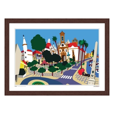 Arte gráfica colorida de uma praça com igrejas, árvores e sinal 'I ❤️ Faro' emoldurada