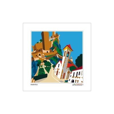 Ilustração digital da vila de Marvão com castelo e igreja