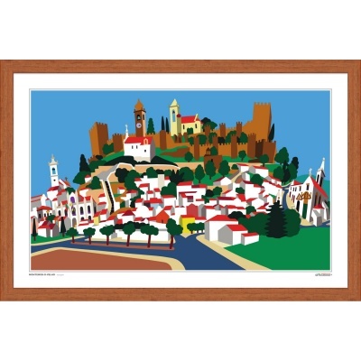 Gravura estilizada de uma vila com casario branco e telhados vermelhos, torres e muralhas castanhas, fundo azul