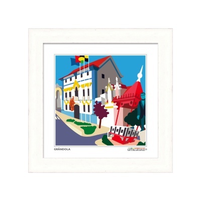 Quadro com ilustração colorida estilizada de edifícios e texto GRÂNDOLA