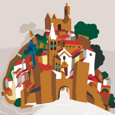 Ilustração digital de vila antiga com casas, igreja e árvores