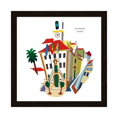 Ilustração colorida de edifício com relógio, bandeiras e texto ALMADA