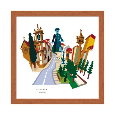 Ilustração colorida de Vila Real em quadro com moldura de madeira