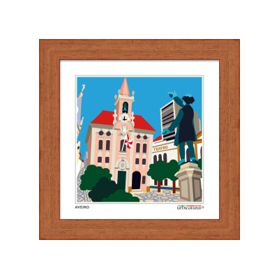 Quadro com ilustração colorida de edifício histórico e estátua, moldura de madeira castanha