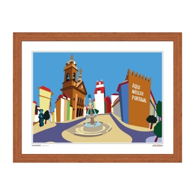 Quadro ilustrativo colorido de Guimarães com texto 'AQUI NASCEU PORTUGAL'