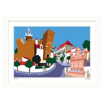 Ilustração colorida de castelo, fontes, edifícios e árvores em Alandroal