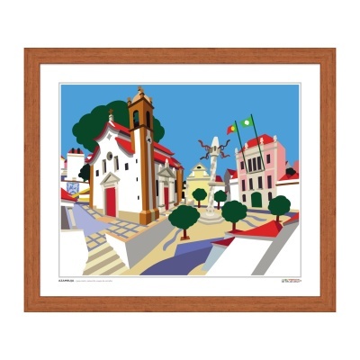 Ilustração colorida de paisagem urbana numa moldura de madeira