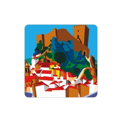 Ilustração de vila com casas brancas de telhado vermelho, castelo castanho e rocha azul