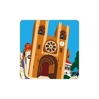 Ilustração de uma catedral castanha com campanários, relógio e rosácea, céu azul