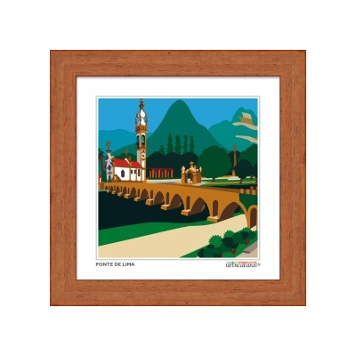 Quadro gráfico de Ponte de Lima com moldura de madeira castanha