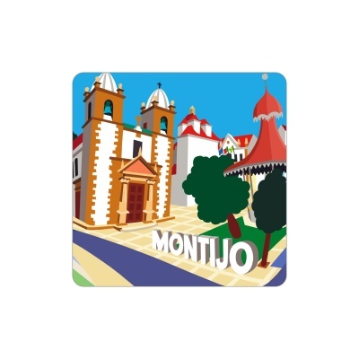 Ilustração gráfica colorida da igreja e paisagem urbana com texto MONTIJO