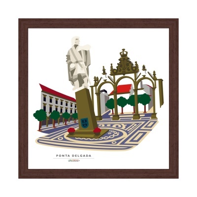 Ilustração de monumento e praça de Ponta Delgada com estátua e arco ornamental emoldurada