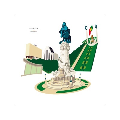 Ilustração estilizada de Lisboa com monumentos e edifícios