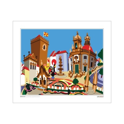 Ilustração colorida de edifícios históricos e torre com fonte central e céu azul