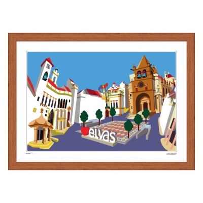 Desenho digital colorido de uma praça com edifícios históricos em Elvas, Portugal