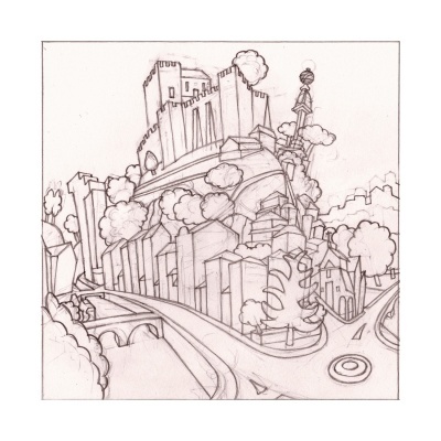 Desenho a lápis de paisagem urbana com castelo e torre