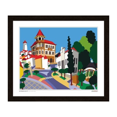 Gravura colorida de cena urbana com edifícios e árvores, emoldurada a preto.