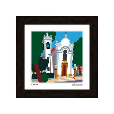 Ilustração de igreja branca com moldura castanha escura