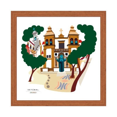 Ilustração de edifício histórico em Setúbal com árvores e estátua, moldura de madeira