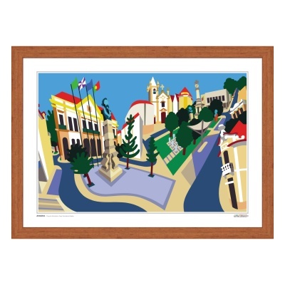 Ilustração colorida de praça com edifícios e árvores em moldura de madeira