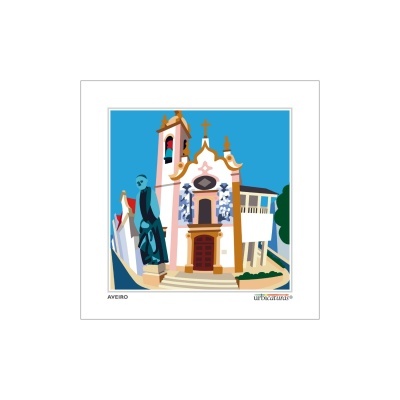 Ilustração digital colorida de uma igreja em Aveiro com estátua em primeiro plano