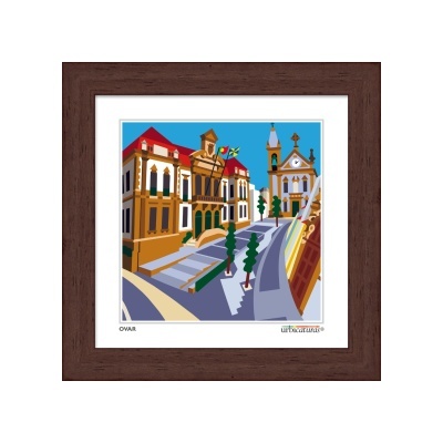 Quadro com ilustração colorida de edifícios históricos e rua inclinada