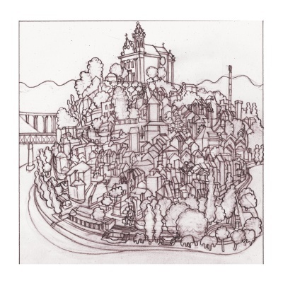 Desenho a lápis de uma cidade numa colina com casas, árvores e um edifício histórico no topo