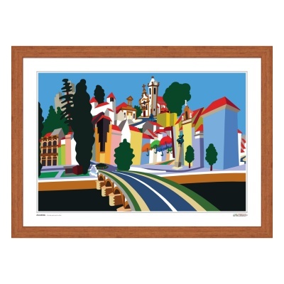 Ilustração colorida de cidade com ponte e árvores em moldura de madeira