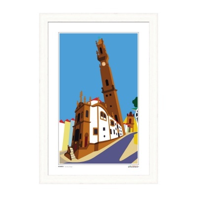 Ilustração de edifício histórico com torre alta, parede branca e moldura branca