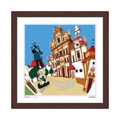 Ilustração de edifício historicista com estátua e escadaria num quadro com moldura castanha.